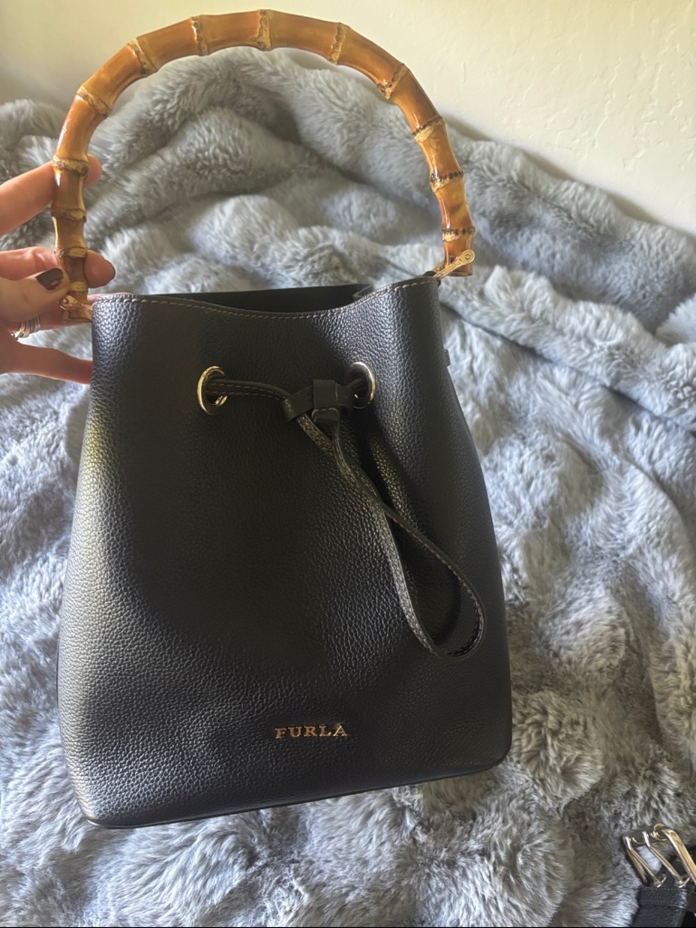 Furla pebbled leather bucket bag with bamboo handle or original stra